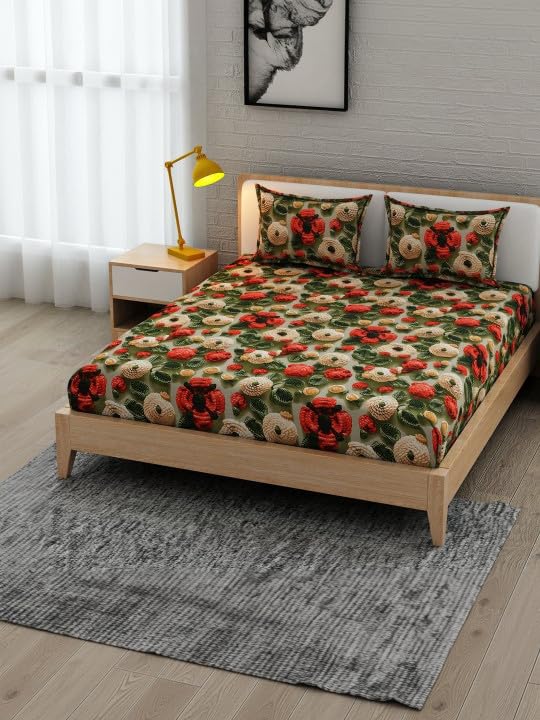 Image of 350 TC Premium Heavy Cotton Feel Elastic Fitted Bedsheet King Size with 2 Pillow Covers || Double Bed with All Around Elastic (Crochet 7D, Fitted - Double72x72)