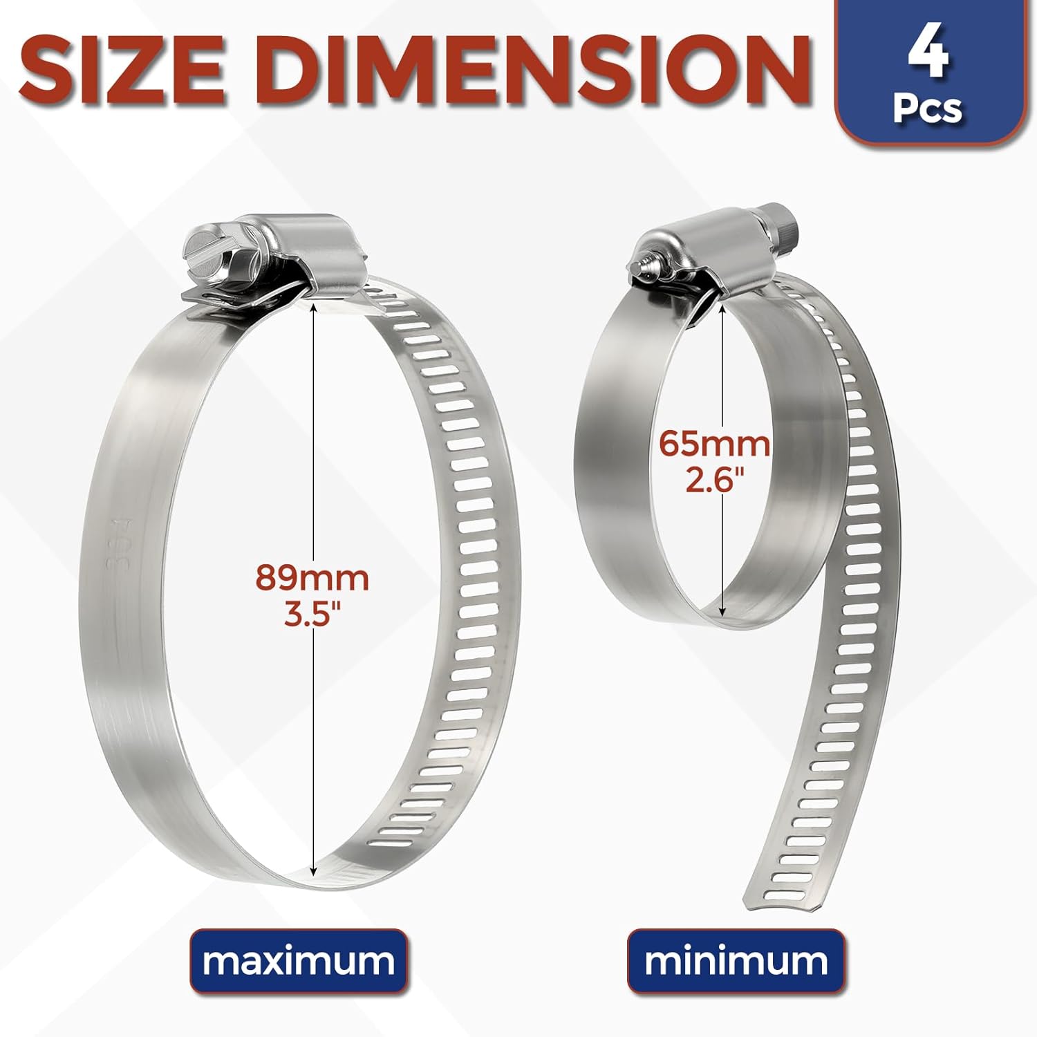 4Pcs Stainless Steel Hose Clamps, Adjustable 2.6" to 3.5" (65-89mm) Heavy Duty Worm Gear Hose Clamp Assortment Kit, Metal Fuel Line Clamping for Radiator, Dryer Vent