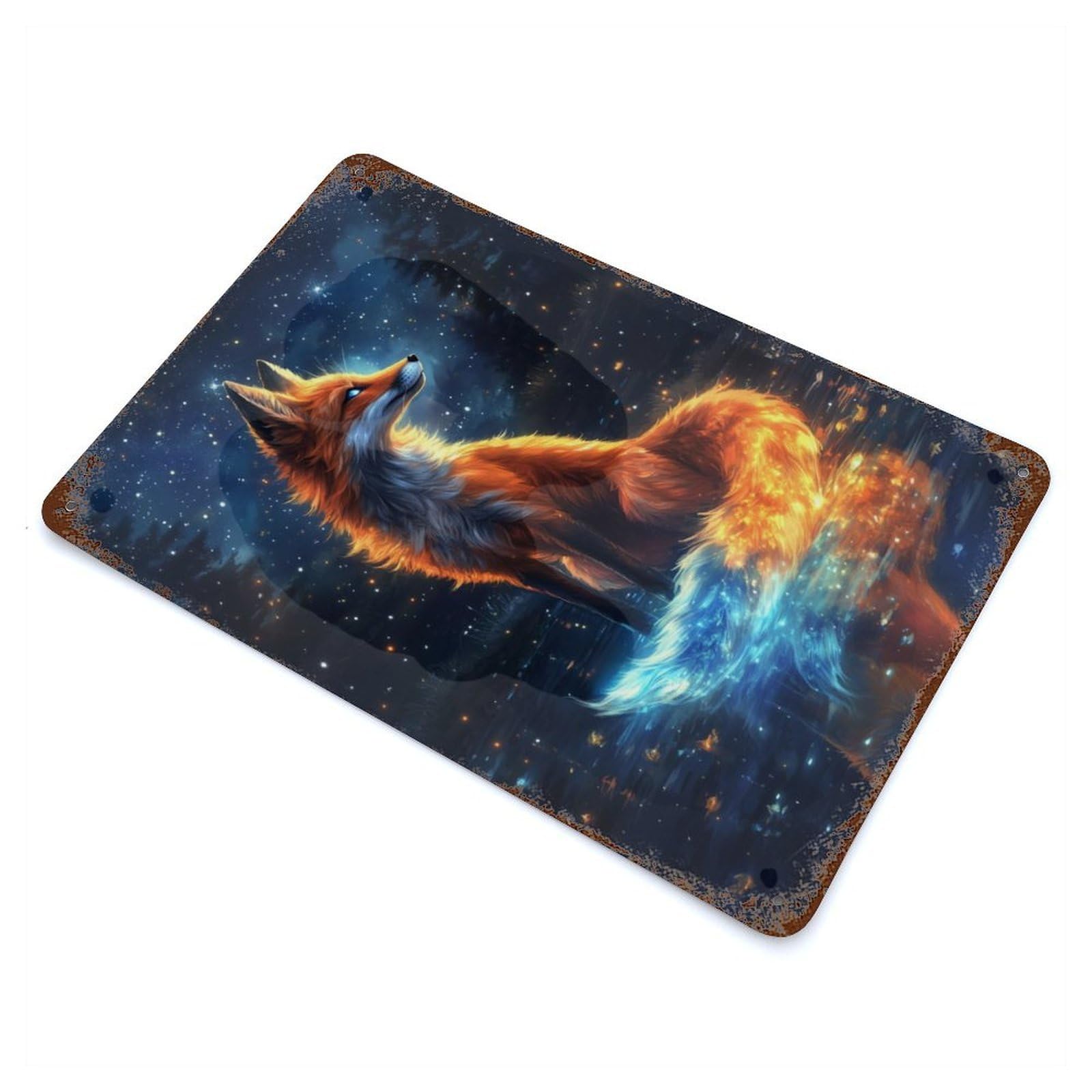 Blue Neon Fox And The Moon Weathered Tin Sign 11.8"x7.9", Classic Wall Plaque for Garage, Bar And Workshop Decor