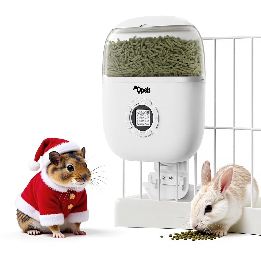 Qpets® Automatic Small Pet Feeder, 1.8L Programmable Timer & Portion Control for Rabbits, Guinea Pigs & Hamsters, Transparent Window & 2 Food Outlet Sizes - Cage-Mount Dispenser for Consistent Feeding