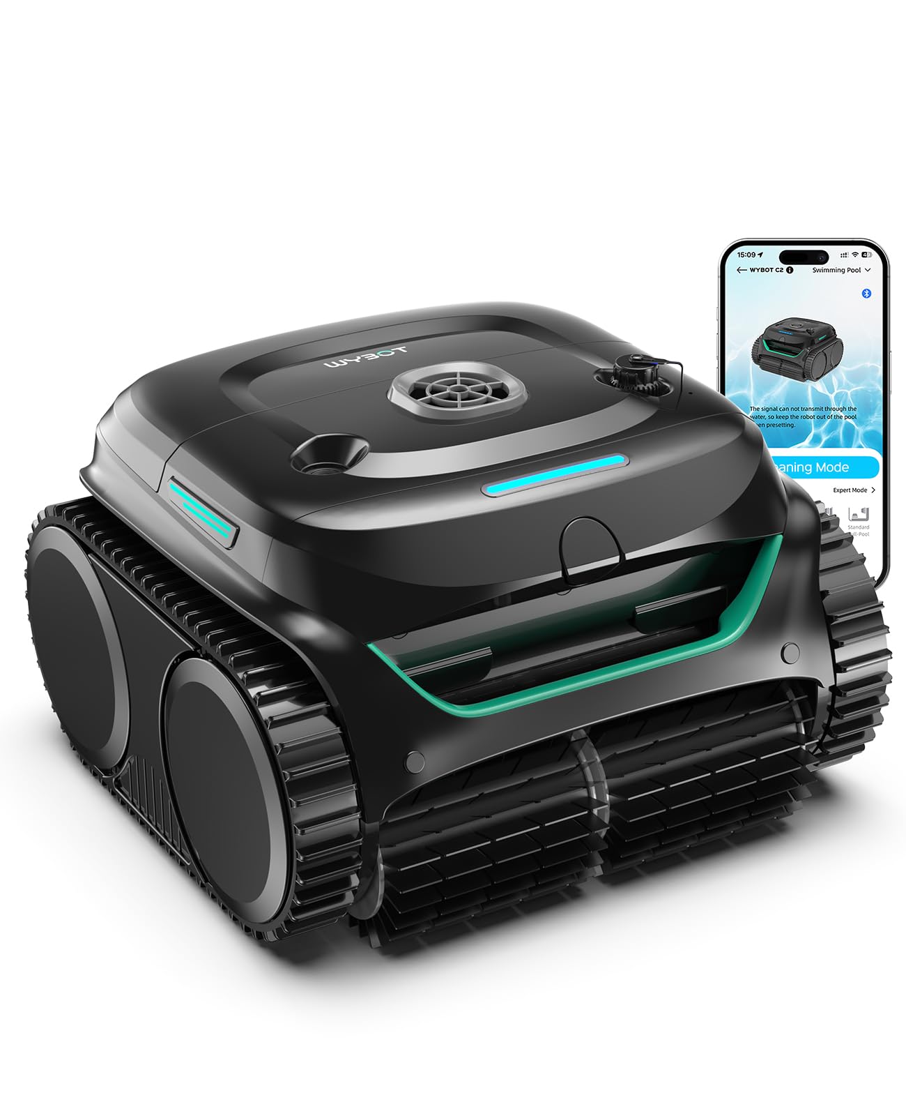 WYBOT C2 Limpiafondos Piscina Robot Inalámbrico, 3 Motores, Doble Filtración, Limpieza Paredes y Línea de Agua, Autonomía 180 Min, para Piscinas Enterradas hasta 150㎡, App(Verde carbón-Gris)