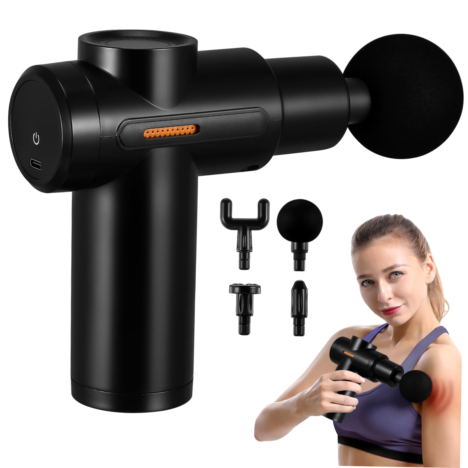 Mini Alta Velocidad de Percusión USB Portátil Negro Masajeador con 4 Cabezales y Batería de Larga Duración para Relajación Muscular y Masaje Corporal Profundo