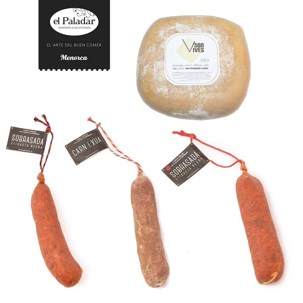 Lote embutido y queso. Pack Menorquín, Sobrasada de Menorca Etiqueta Negra El Paladar, Carn i Xua etiqueta negra, Sobrasada Picante Etiqueta Negra y Queso Mahón Son Vives Semi Curado
