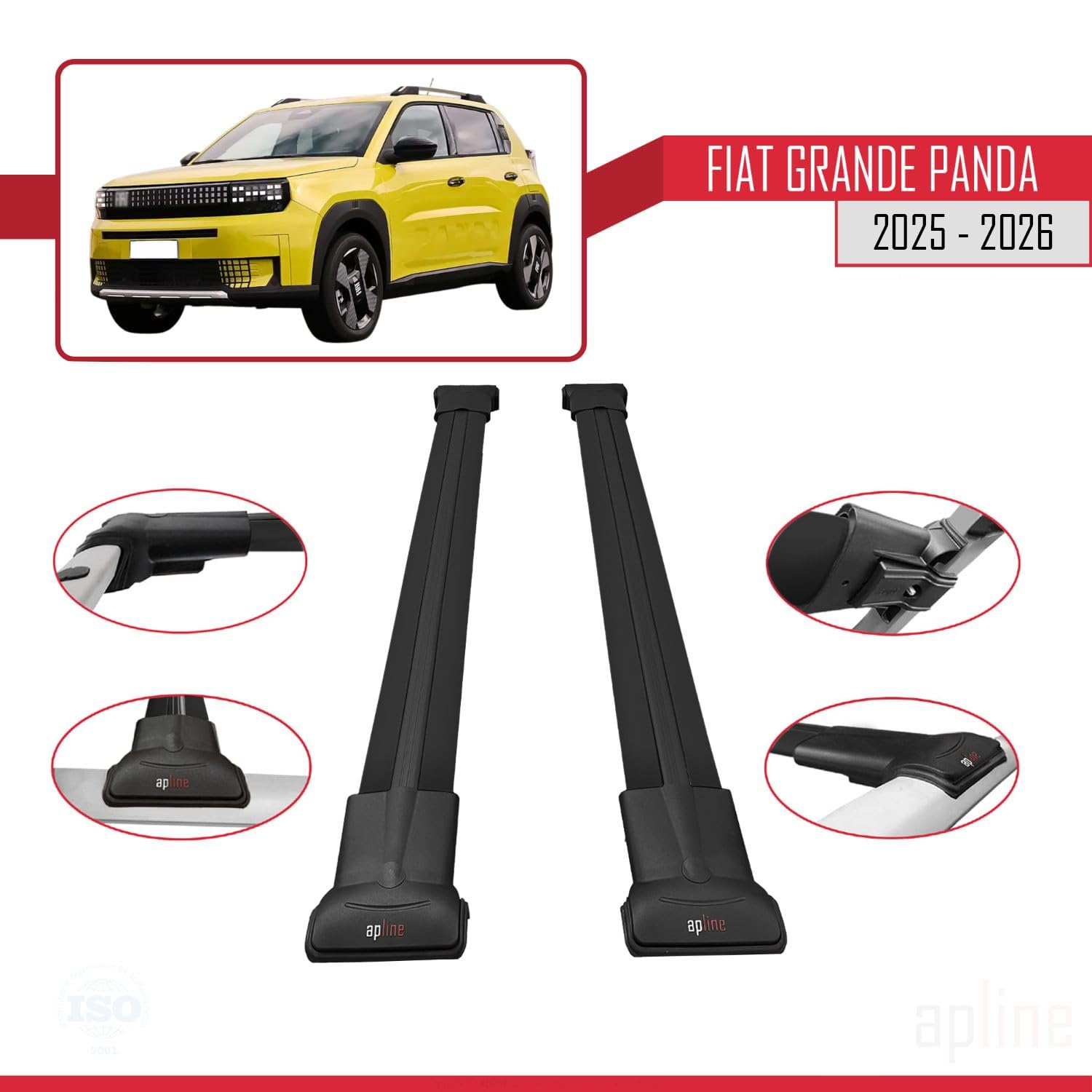 Kompatybilny z Fiat Grande Panda 2025-2026 FLY Model Aluminiowy bagażnik dachowy – 2 poprzeczki, czarne