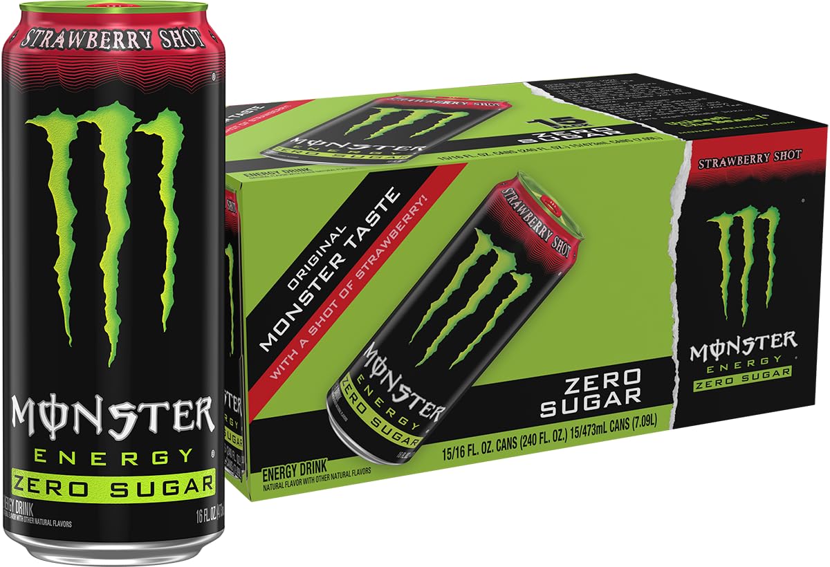 Monster Energy Zero Sugar Strawberry Shot Green Original Sugar Free Energy Drink 16 Ounce Pack of 15