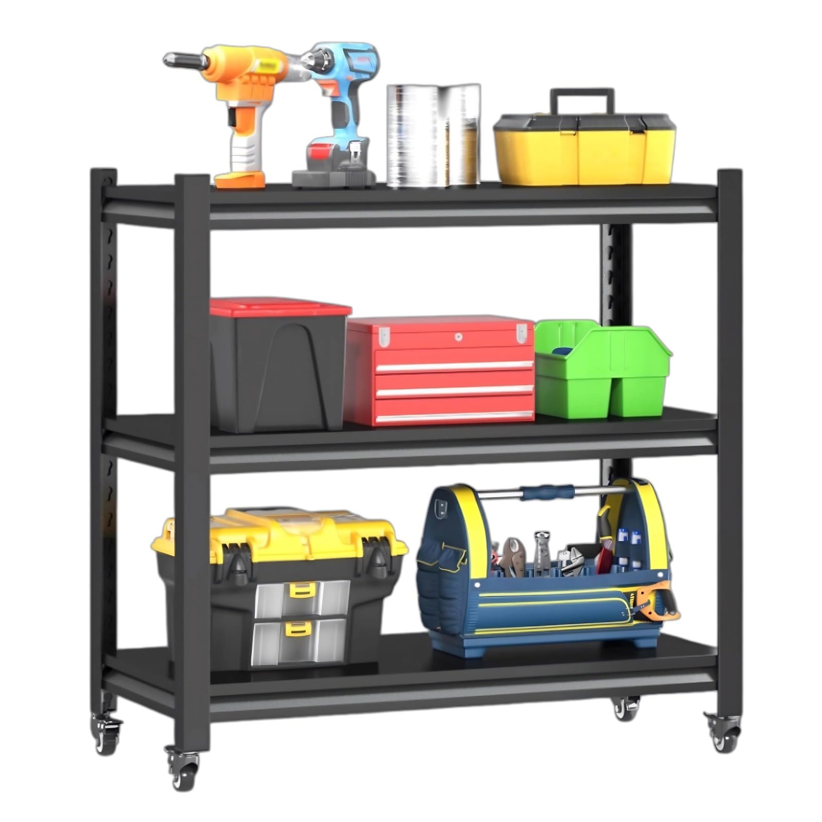 3 Ebenen Metallregale, 105kg lagerregal mit Rollen, höhenverstellbar, schraubenlos, strapazierfähig, Schwerlastregal für Lager, Werkstatt, Büro, Küche, Keller, Garage, Schwarz, 80x40x80 cm