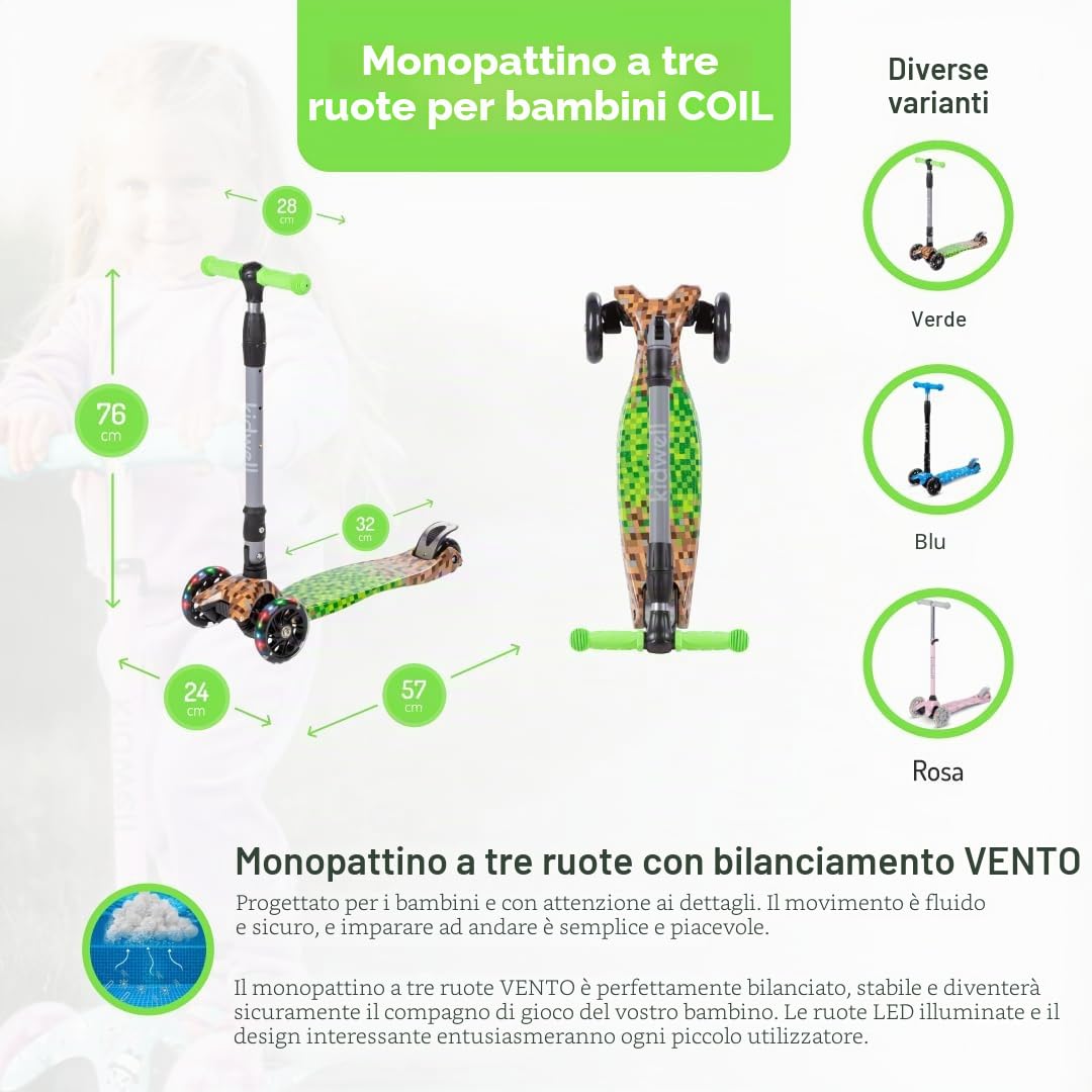 COIL Monopattino per bambini, triciciclo, monopattino, triciciclo, monopattino a tre ruote, scooter da città, cuscinetti ABEC-7, regolazione del volante a 3 livelli, ruote a LED