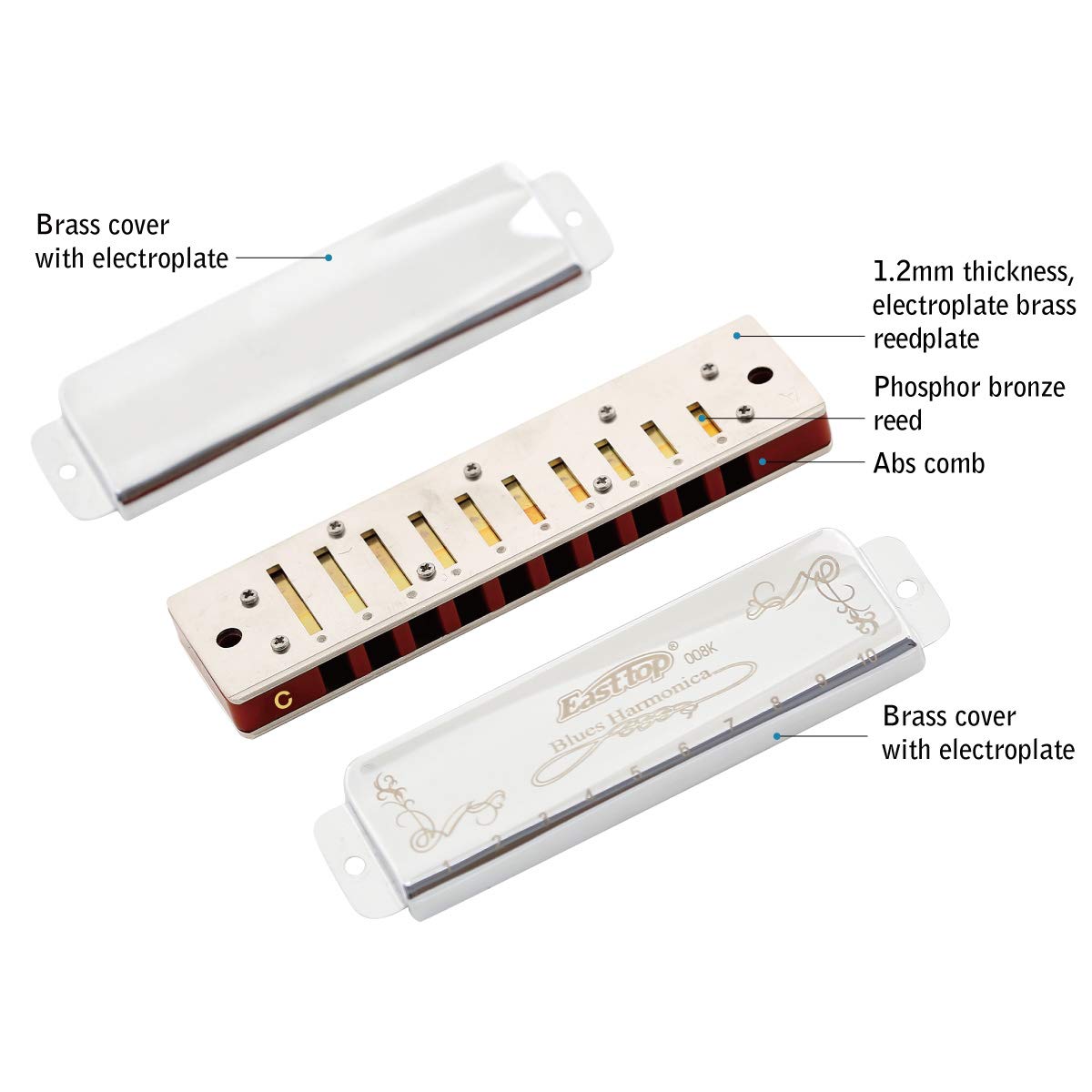 East top Harmonica diatonique en C 10 trous 20 tons T008K avec étui d'Argent, harmonica blues pour Adultes débutant, étudiants et enfants, comme meilleur cadeau