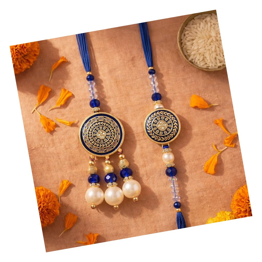 tied ribbons Rakhi for Brother and Bhabhi - Designer Couple Rakhi's Set of 2 with Roli Chawal - Hanging Lumba Rakhi for Bhaiya Bhabhi Set - for Rakshabandhan-picture-21