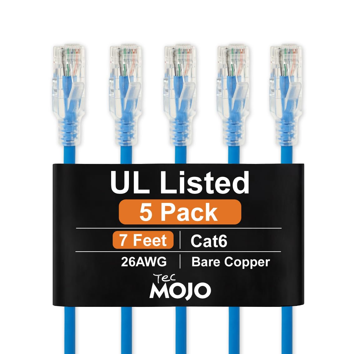 Tecmojo Cable de conexión Ethernet Cat6 de 7 pies, conductores de cobre 100% puro de 26 AWG, cable de red Cat6, RJ45 sin enganches para router, módem, Xbox, laptop, servidores, paquete de 5, azul