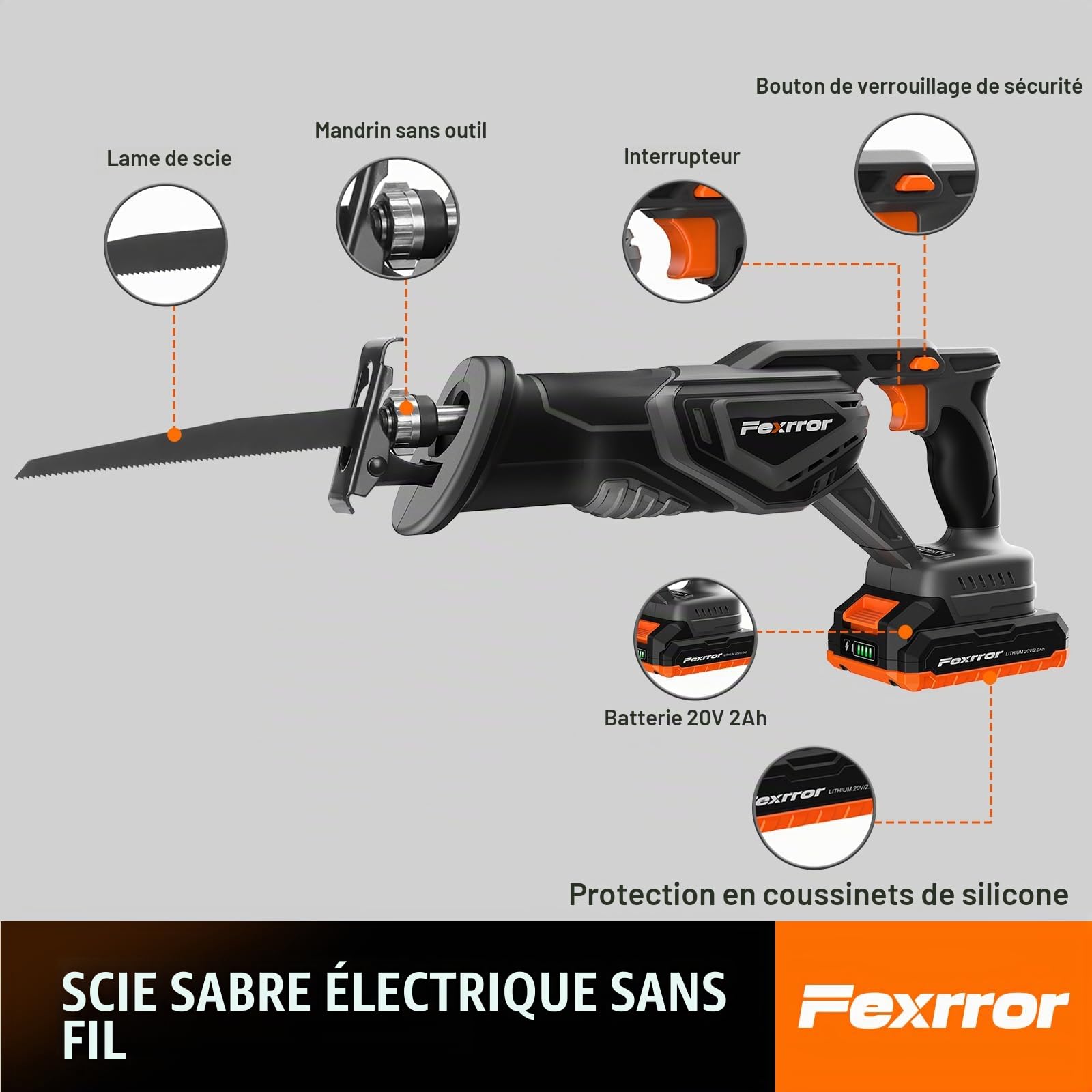 Scie Sabre Sans Fil 20V, Scie Sabre à Batterie 2000mAh, Changement de Lame Sans Outil avec 4 Lames de Scie, Coupe le Bois/Métal/PVC