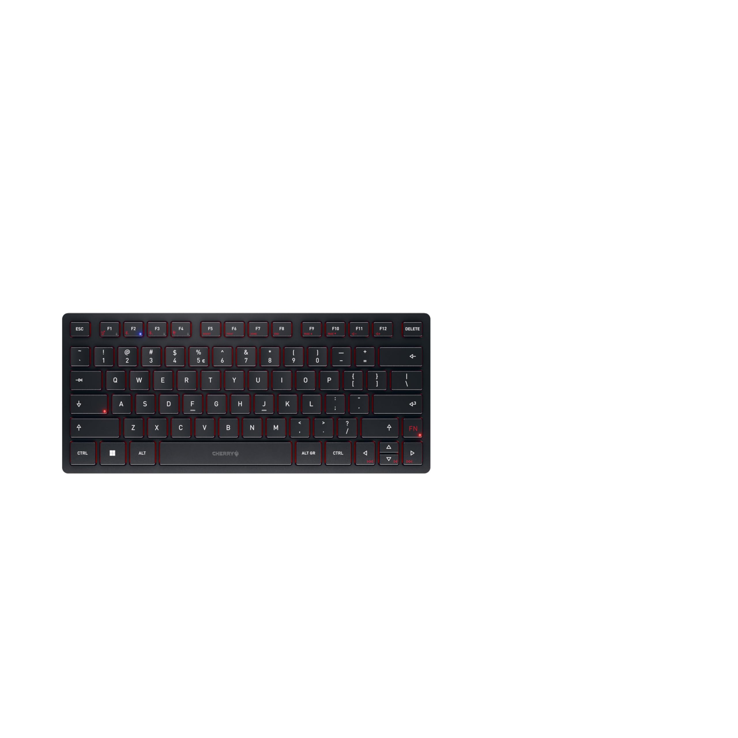 CHERRY KW 9200 MINI, kompaktowa klawiatura do 4 urządzeń, układ międzynarodowy US (QWERTY), opcjonalne połączenie przez Bluetooth, radiowe lub kablowe, możliwość ładowania, czarny