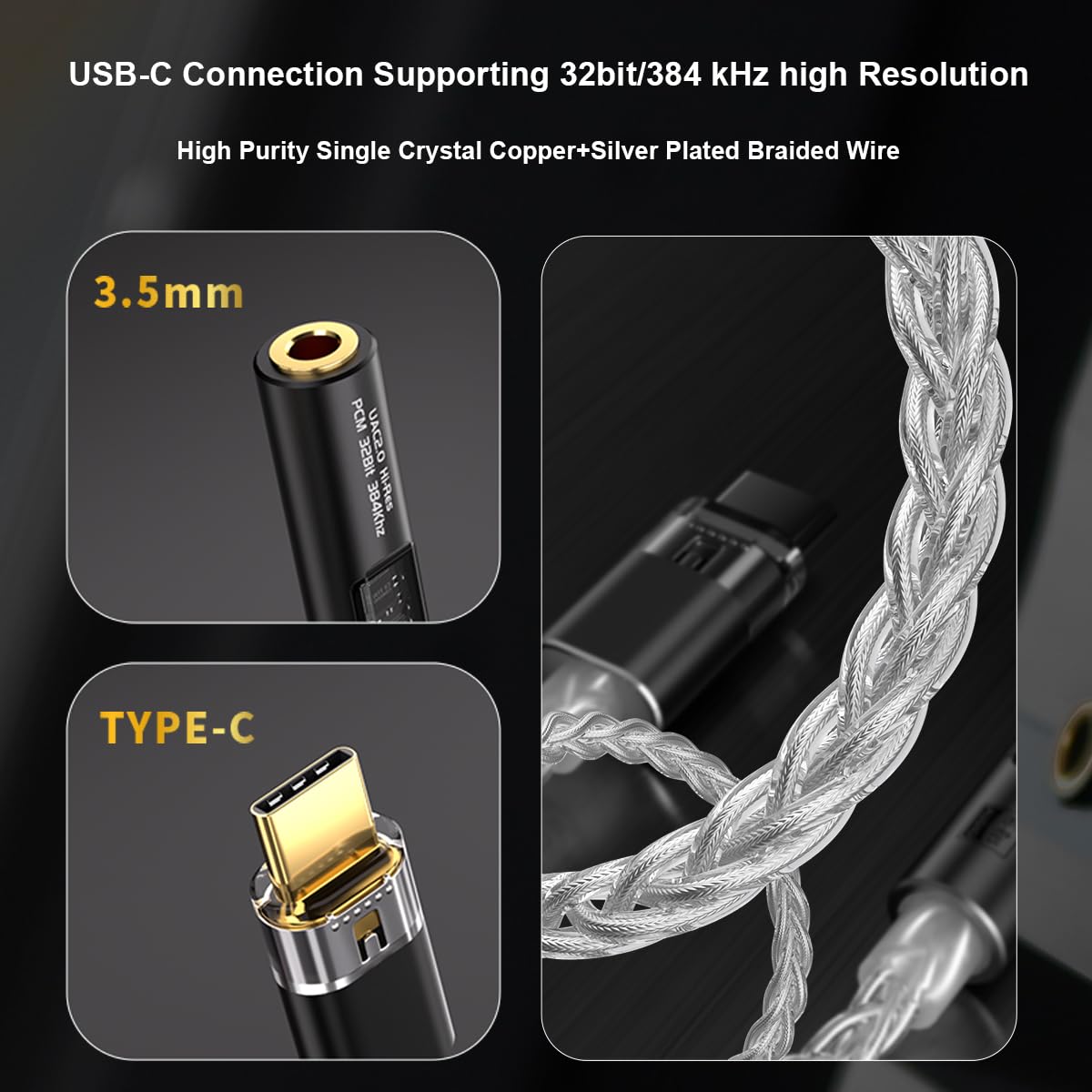 eppfun USB DAC Amplificatore per Cuffie, 32bit/384kHz Adattatore da USB-C a 3,5 mm Compatibile con iphone 16/15 iPad Smartphones PC/Laptops/Player