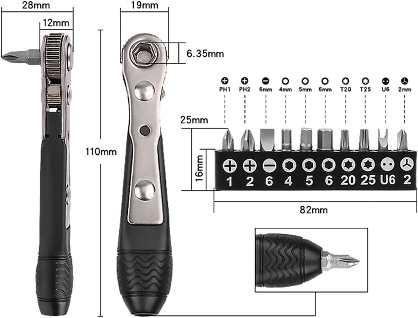 11pc 36-Tooth 1/4 inch Mini Ratchet Wrench Screwdriver Bit Set 90 Degree High Torque Mini Offset Reversible Drive Handle