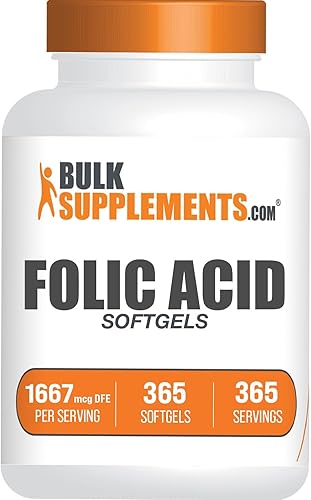 BULKSUPPLEMENTS.COM Ácido fólico 1000mcg - Cápsulas blandas de ácido fólico, vitamina B9, suplemento de ácido fólico, vitaminas prenatales de ácido