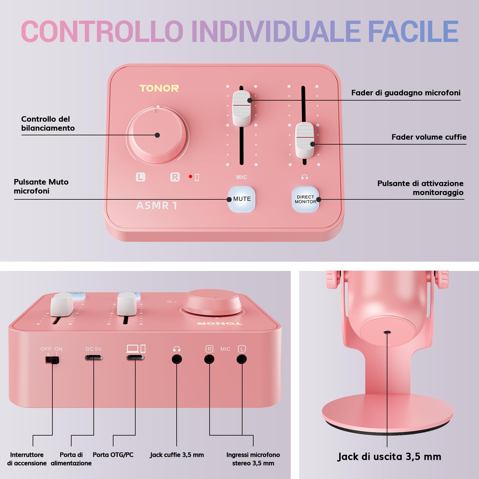 TONOR Microfono ASMR Equipment Bundle, Microfono a Doppio Condensatore con Interfaccia Audio, Audio 3D Immersivo, Suono Nitido, Controllo del Volume, Set per ASMR, Podcast, Registrazione, Rosa