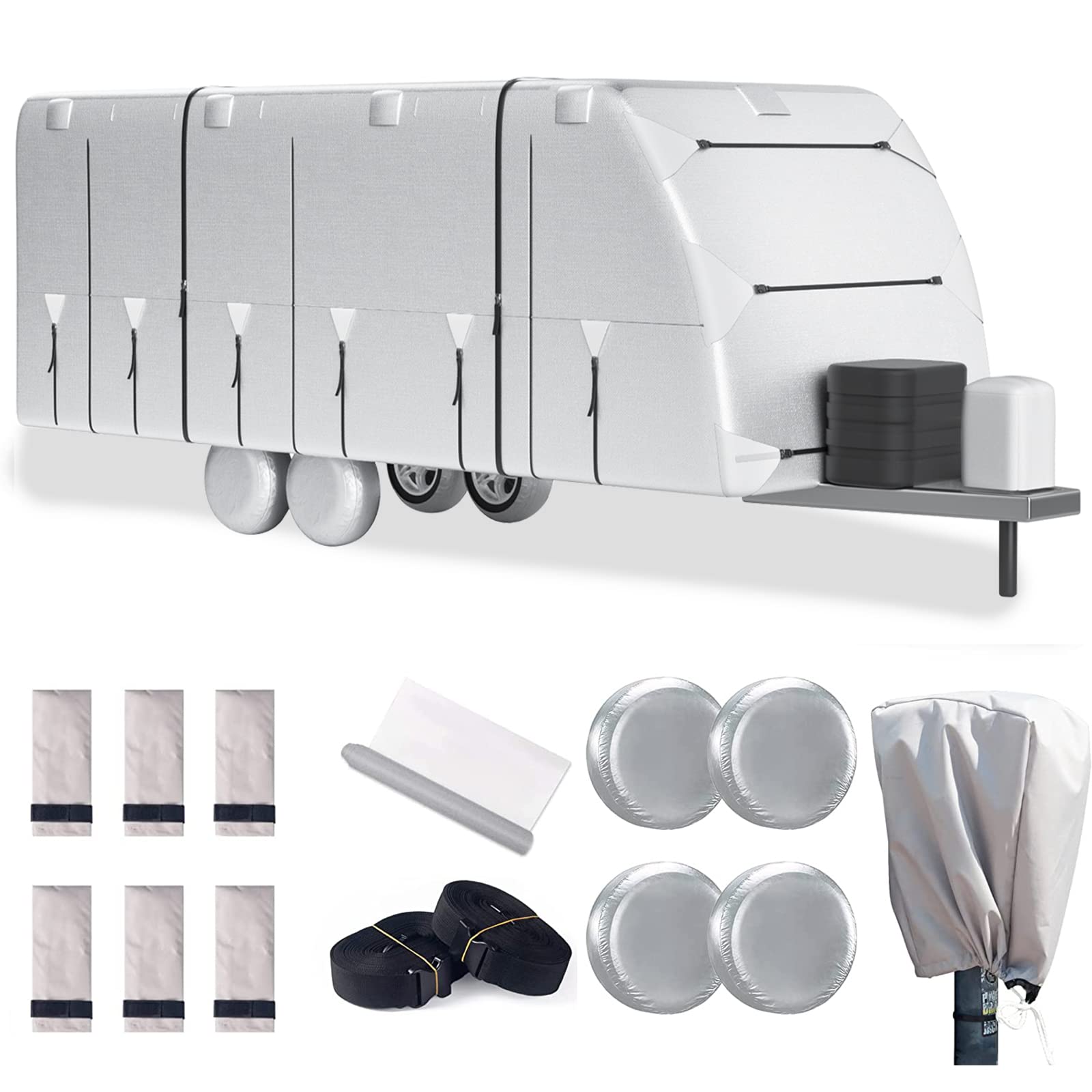 150D/300D Travel Trailer RV Cover 27'-30' Windproof & Anti-UV Camper Cover for Winter Snow with Jack Cover and 4 Tire Covers