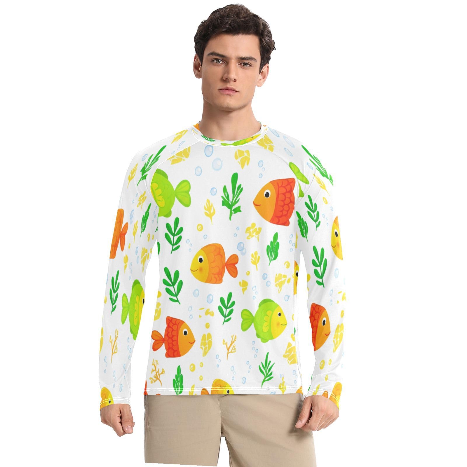 Cute Cartoon Fish Men's Sun Protection Shirts UPF 50+ Long Sleeve UV Rash Guard Quick Dry Swim Shirts