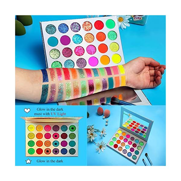 Glow-in-the-dark-paint-Kalolary-Neon-Eyeshadow-Glow-Palette-UV-Glow-Blacklight-Matte-and-Glitter-24-Colors-Highly-Pigmented-Eyeshadow-Kit-with-4-Brushes-for-Halloween-Face-Body-Makeup Kalolary Neon Eyeshadow Glow Palette UV Glow Blacklight Matte and Glitter, 24 Colors Highly Pigmented Eyeshadow Kit with 4 Brushes for Face Body Makeup