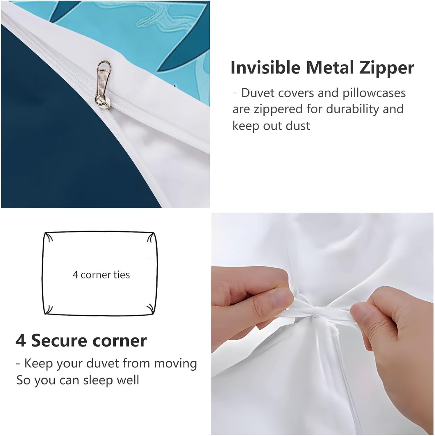Duvet Cover King Size, Boys and Girls Cartoon Shark Outline Microfiber Print Bedding Set with 4 Corner Ties and Concealed Zip Dark Blue Reversible Duvet Covers