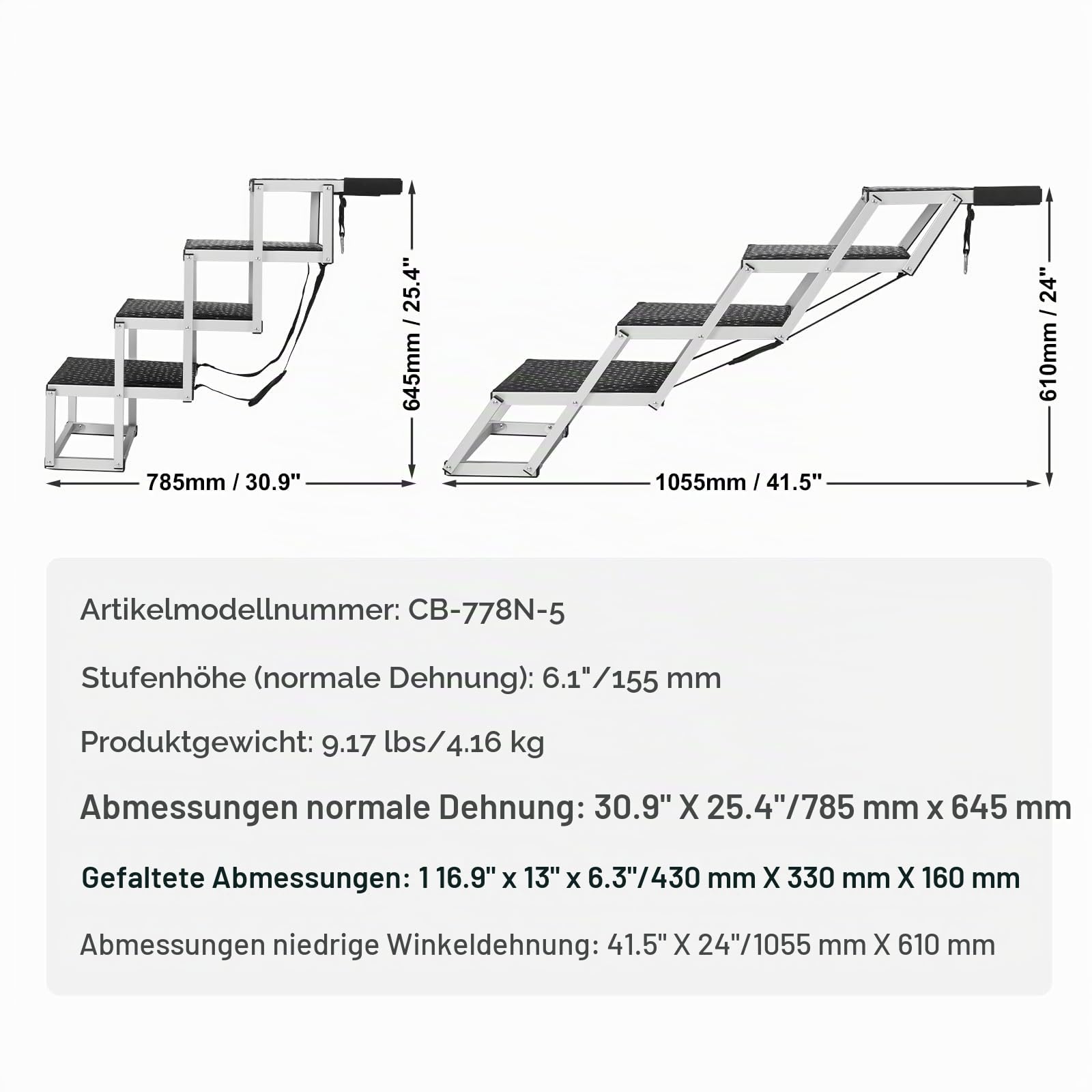 VEVOR Hundetreppe bis zu 68 kg belastbar, 4-stufige Hunderampe, zusammenklappbare Haustiertreppe mit Rutschfester Oberfläche, Einstiegshilfe Hund Auto, Treppen & Stufen für Auto, SUV und LKW