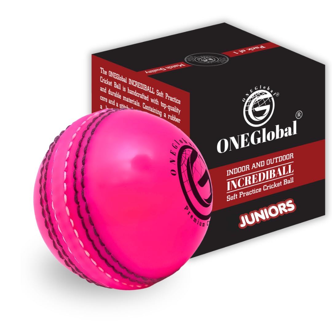 ONEGlobal Incrediball Junior Soft Practice Cricket Ball | Outdoor & Indoor Rubber Cricket Ball With Core & Stitched Seam | For Practice, Training & Family Fun | Senior & Junior Size (1 Pink, Junior)