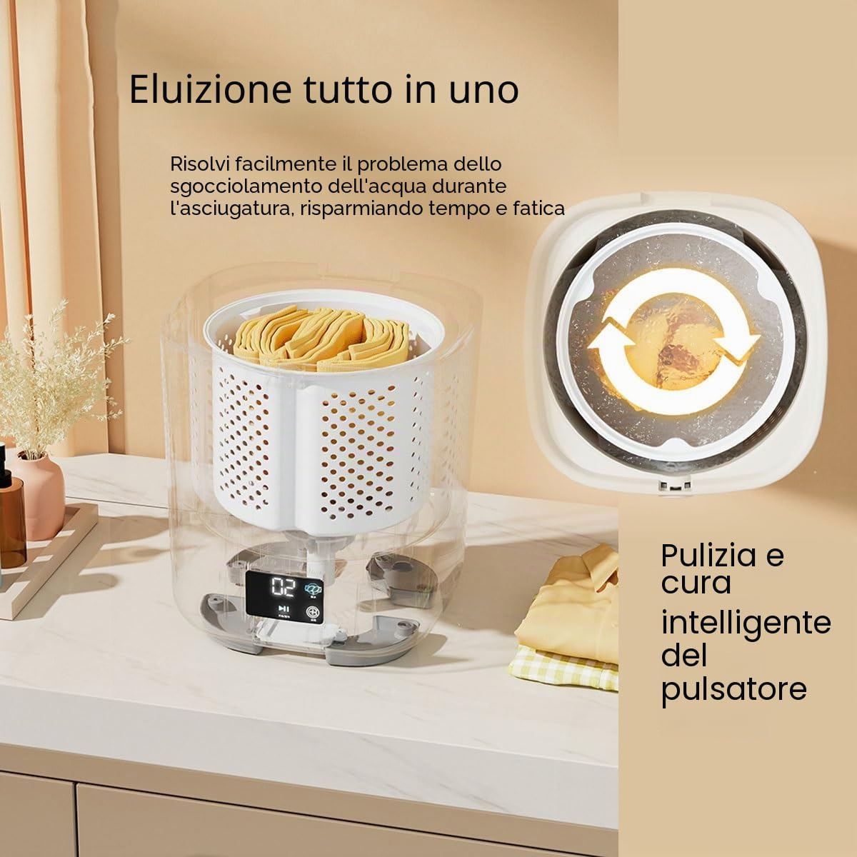 Lavatrice Portatile 24X24X33 Cm Combinazione Lavasciuga Capacità Di 8L Per Viaggi E Uso Domestico, Piccola Lavatrice Per Intimo, Calzini, Asciugamani