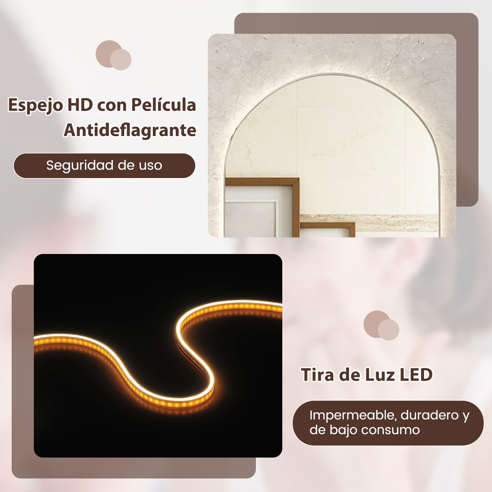 RELAX4LIFE Espejo de Baño 80x50 cm con Botón Táctil y Función Antivaho, Espejo con Luz LED de 3 Colores, Brillo Ajustable y Película a Prueba de Explosiones, Espejo sin Marco (Redondo)