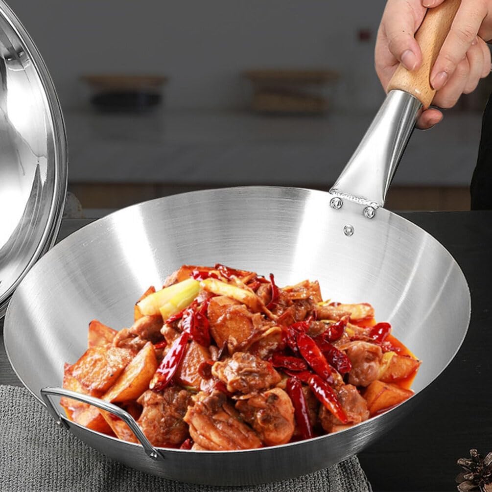 Hemoton Stainless Steel Wok, 13 Stir Fry Pans, Chinese Wok with Wooden and Steel Helper Handle for Induction, Electric, Gas, All Stoves (13 Inch, Round Bottom)
