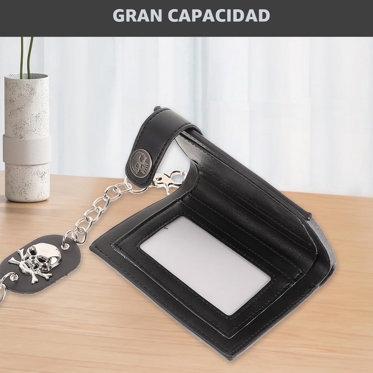 Gatuida Cartera de Cuero Punk con Cadena Antirrobo Diseño y Tarjetero Unisex Vertical Resistente y para Diario