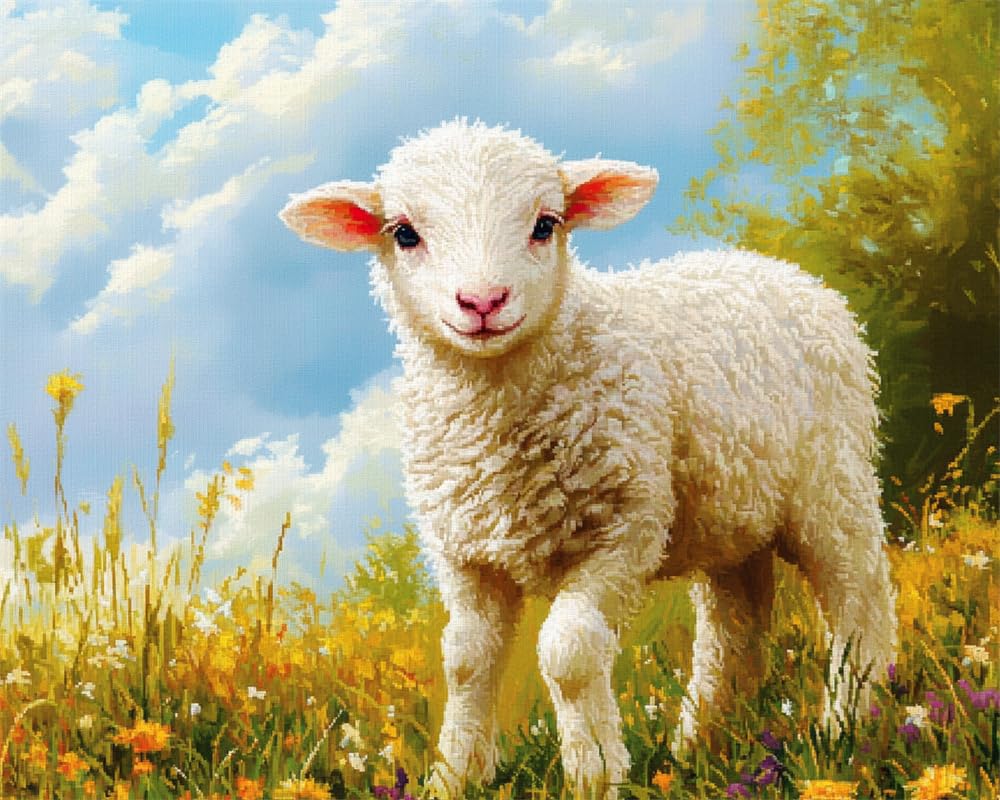 Henypt Counted Cross Stitch Kit for Adults Pre Printed, A Lamb in The Field DIY 11Ct Embroidery Sewing Starter Kit Stamped Needlework Easy Beginners (Stamped Home)