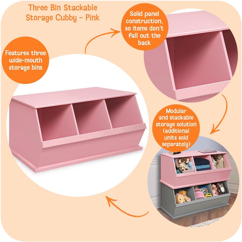 Badger Basket Stackable 3-Bin Storage Cubby - Modular Toy and Craft Organizer with Wide Mouth Bins, Expandable Design, Solid Panel Construction - Compatible with Other Units - Pink