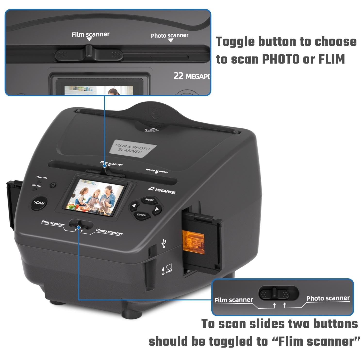 Scanner de films et photos avec écran LCD de 2,4", convertit 135 diapositives de 35 mm/135 films négatifs, photos, cartes de visite en images numériques de 22 MP, carte SD de 4 Go