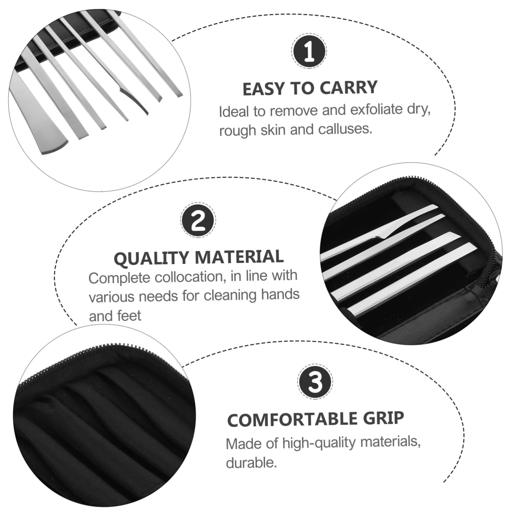 Set di 7 Pezzi per Pedicure in Acciaio Inox, Argento | Acciaio Alto Manganese e Pu, Uso Familiare e Professionale, Rimozione Calli e Pelle Secca