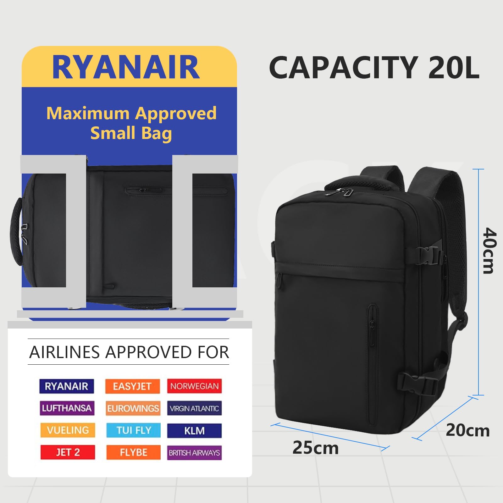 KIRFEIHT Bagaglio a Mano 40x20x25 per Ryanair Zaino da Viaggio Aereo Piccolo - Borsa da Viaggio per Cabina, Zaini Universali per Uomo e Donna per Scuola Trekking Lavoro - Nero