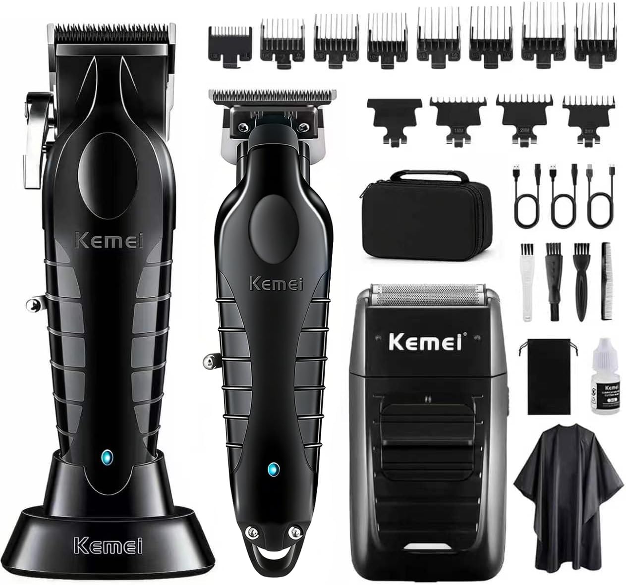 KEMEI Professional Hair Clipper, Hair Trimmer, Beard Shaver Set for Men, Electric Cordless Barber Clipper Beard Trimmer, Rechargeable Fade Clipper Haircutting Kit, Clipper Machine (Black)