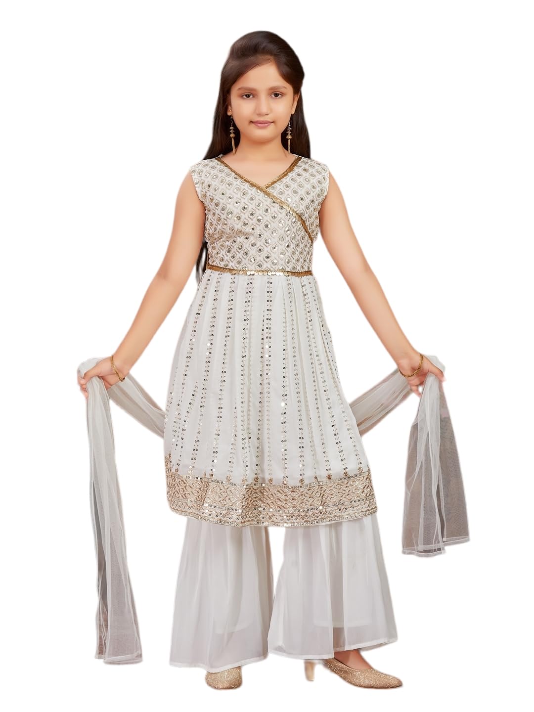 Aarika Girls Ethnic Wear Off White Colour Sequins Zari Embroidery Georgette Kurti Sharara Set (6-13 Years)