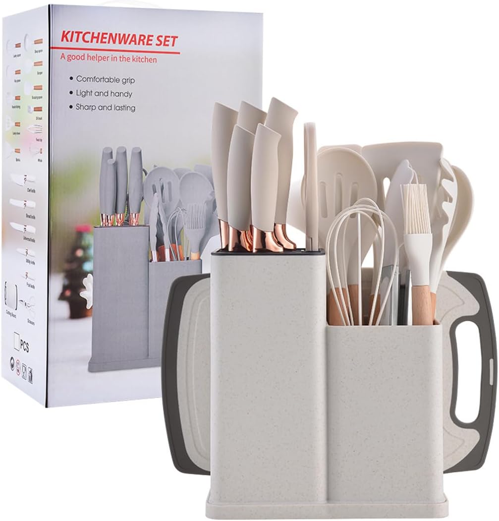 19 Pieces Kitchen Utensils and Knife Set with Block, Inldued 9 Pieces Silicone Cooking Utensils Set 5 Pieces Sharp Stainless Steel Chef Knives Scissors Whisk Tongs and Cutting Board (BEIGE)