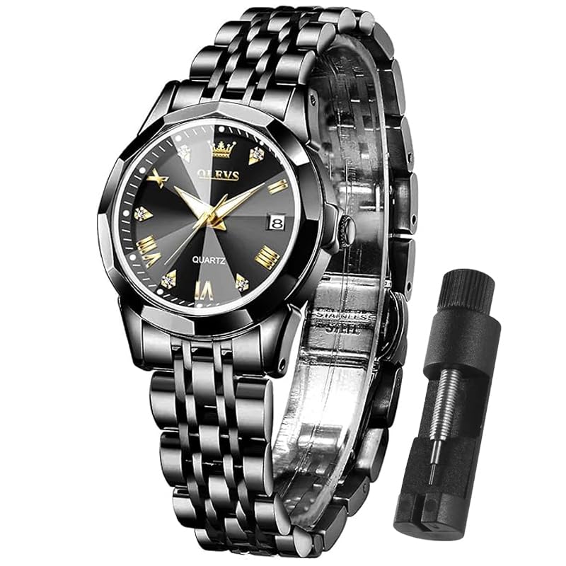 OLEVS Women's Quartz Analog Watch, black dial with gold accents and stainless steel band.