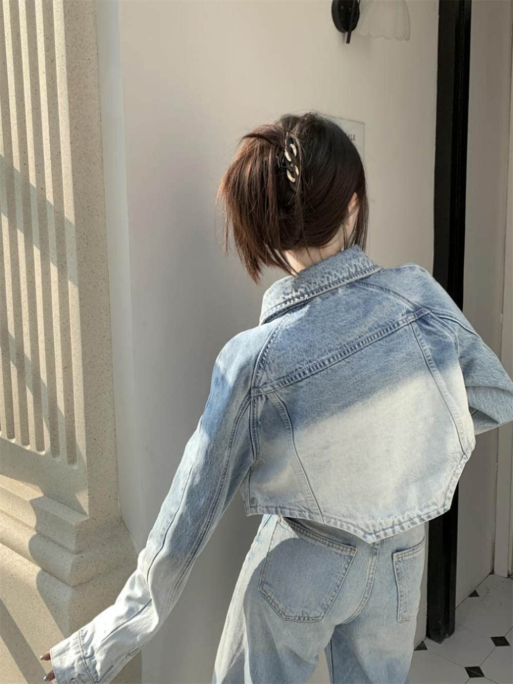 Damen-Hemd Mit Knopfleiste,Gewaschenes Crop-Top Mit Farbverlauf Für Damen, Denim-Blusen, Hemd Mit Langen Ärmeln, Lässiges Knopfhemd, Jacke, Revers, Doppeltaschen, Blusen, Tunika, Leichte Jeans, Modi