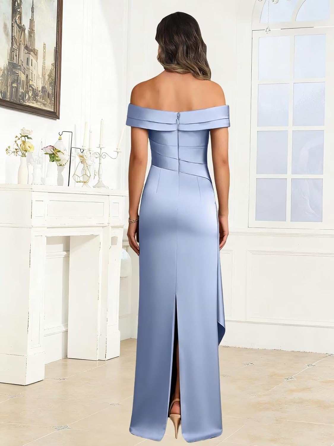 Satin Off The Shoulder Bridesmaid Dresses for Women Long Pleated Mermaid Formal Evening Gown