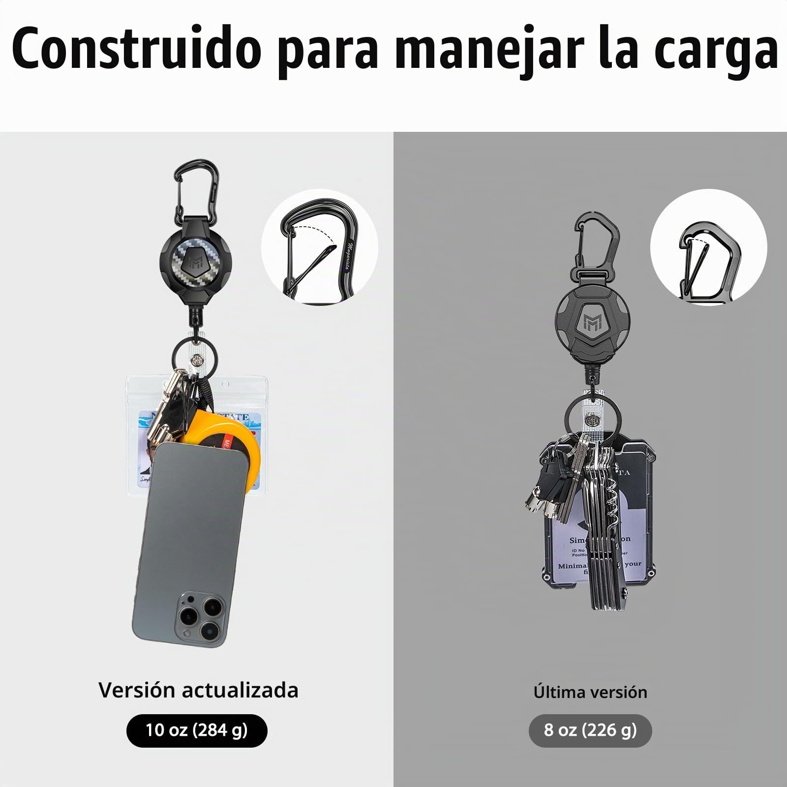 MNGARISTA Paquete de 2 llaveros retráctiles mejorados, retracción de 283,5 g, cordón de acero inoxidable de 80 cm, mosquetón resistente, carrete de identificación de fibra de carbono 3K