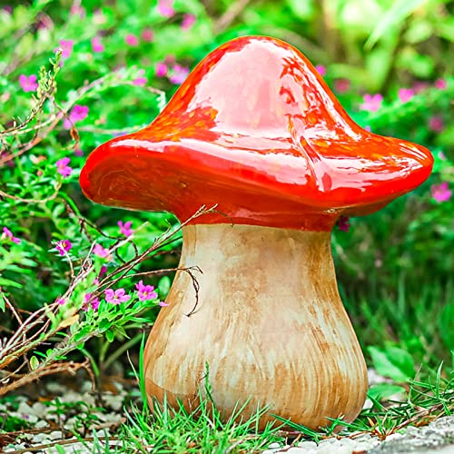 WONDER GARDEN Large Mushrooms Statue, 6.6 INCH Ceramic Mushrooms, Red Fairy Garden Mushroom Decor for Lawn Outdoor