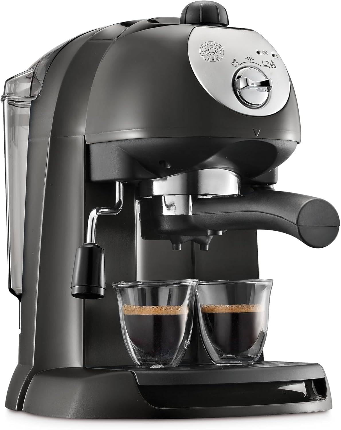 Generico Macchina manuale da Caffè Espresso e Cappuccino, Caffè in Polvere o in Cialde, Montalatte classico per Cappuccini, Serbatoio Estraibile da 1.1 L, Caldaia acciaio inox