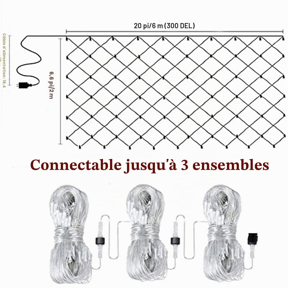 6X2M 300LED guirlandes lumineuses pour buissons, lumières en maille, grand filet lumineux d'extérieur pour jardin, sapin de Noël, étanche, connectable, 8 modes (blanc chaud)