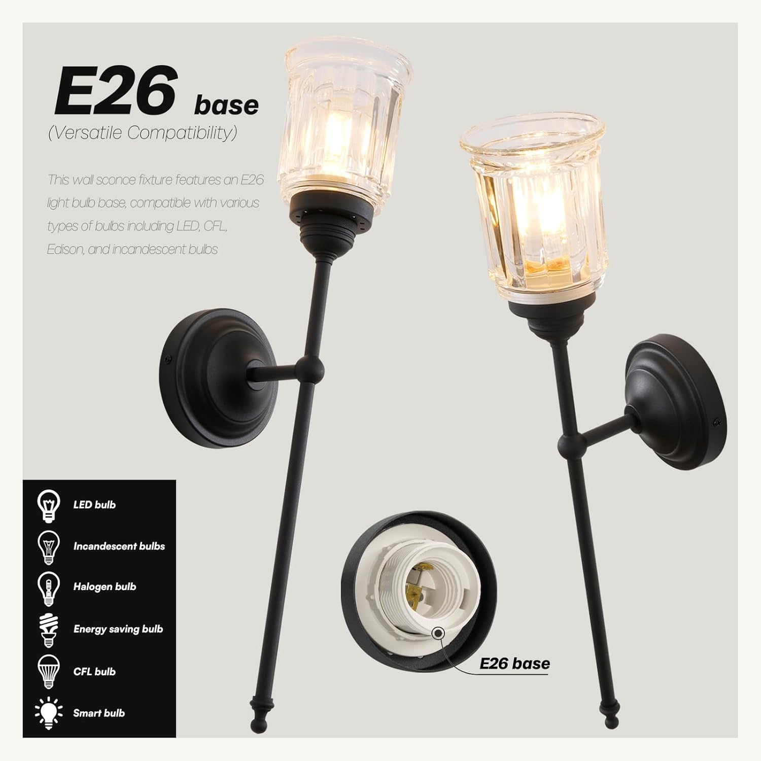 Vintage Sconces Wall Lighting with Clear Fringe Glass Lampshade, 1-Light Indoor Wall Mounted Fixture with Long Arm for Living Room Bedroom Bathroom Hallway Stairs