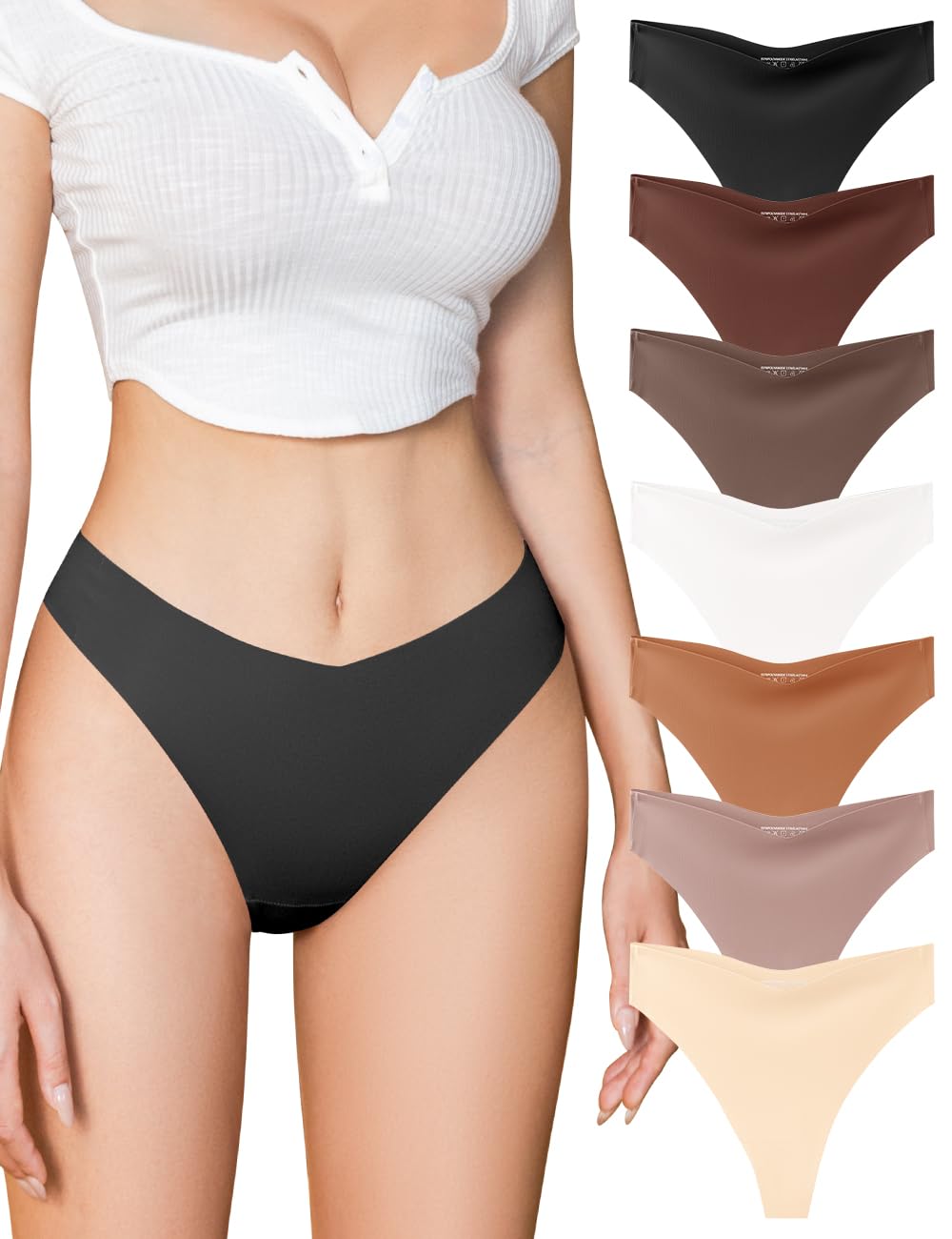 Derisaly Seamless Thong Women with Cotton Sewn Gusset Mid Waist V-Shaped No Show Panties Cheeky Invisible Ladies Underwear