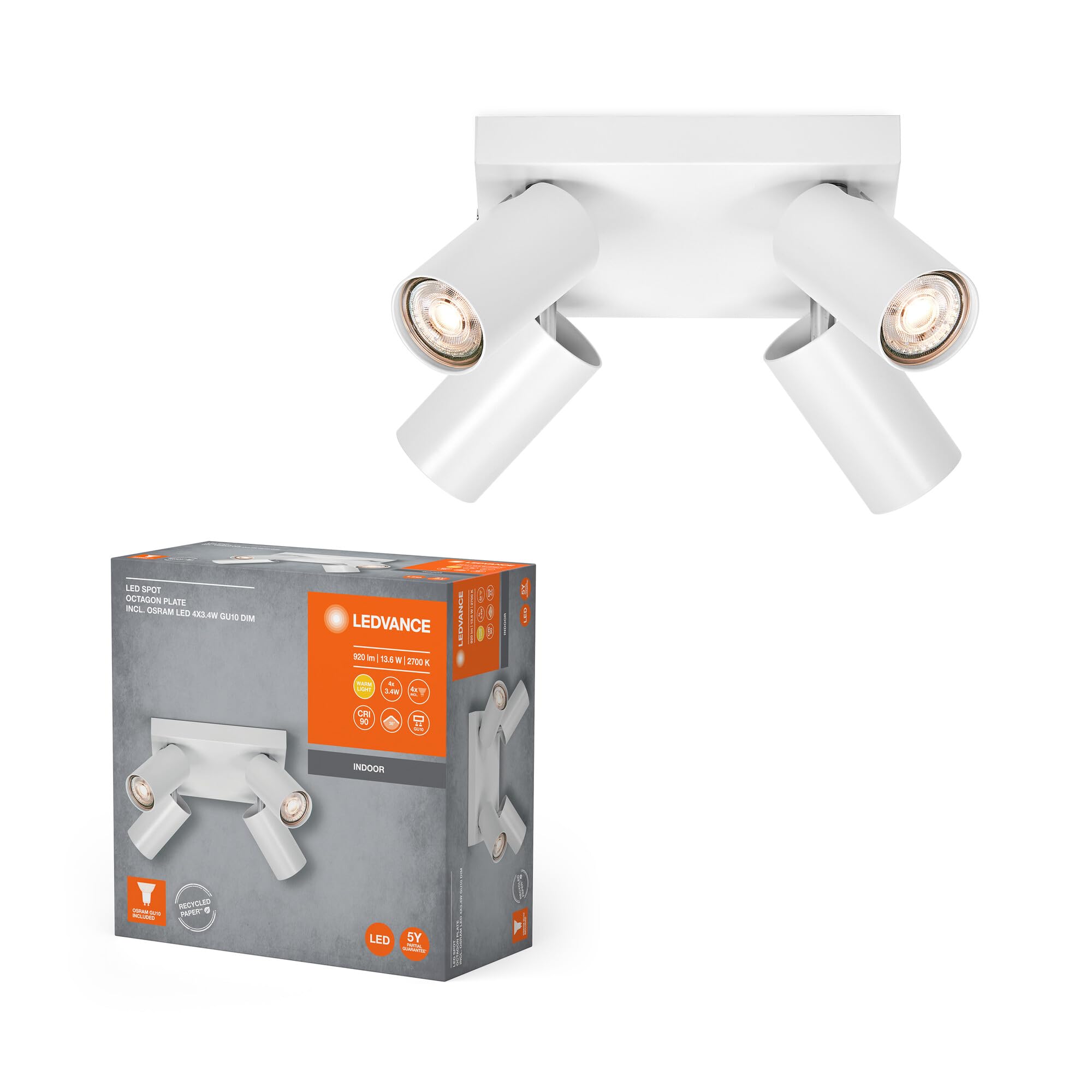 LEDVANCE LED SPOT Octagon PL 4 x 3.4W, GU10, 920lm, White, 2700K Color Temperature, Warm White Light Color, Timeless Design, Replaceable LED lamp, Ideal for Indoors, CRI 90, Adjustable Heads