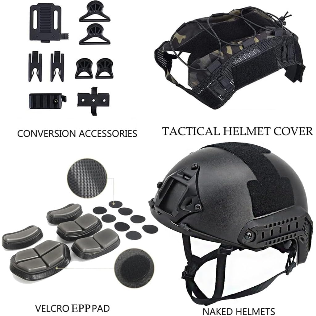 Airsoft Helm Set, Fast Helm Set mit Multicam Airsoft Helm Abdeckung & Militär Headset Adjustable Taktik Fast Protection Helm für Airsoft Paintball Outdoor Jagd B L