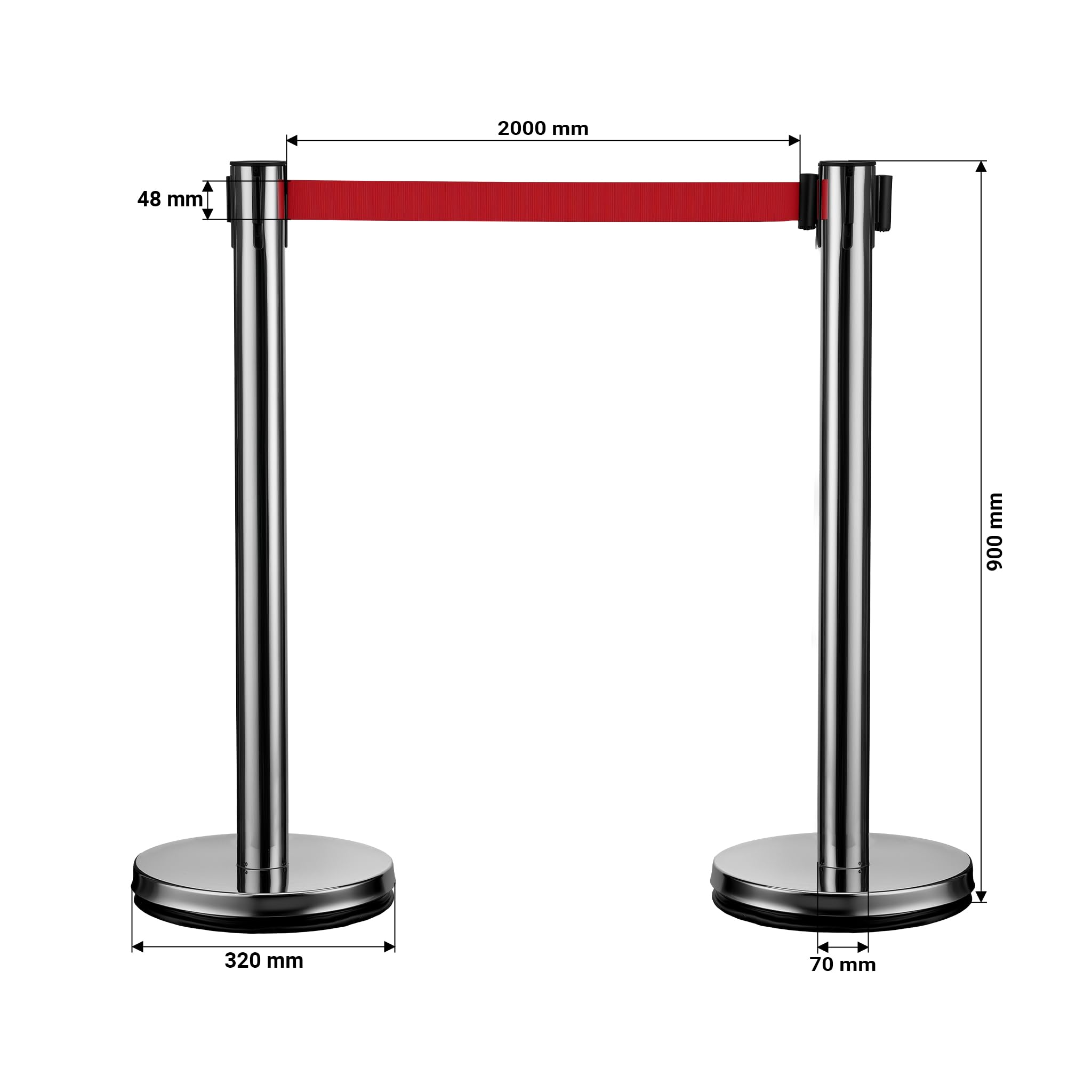 Wiltec Juego de 2 postes separadores con cinta retráctil roja 200 cm, acero inoxidable